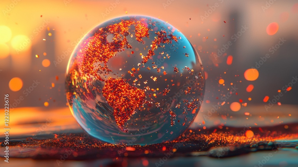 Poster glowing earth sphere with lava texture and abstract background in vibrant sunset setting