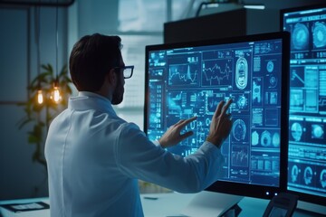 The scientist interacts with a futuristic digital interface, technological advances in medicine and healthcare. 