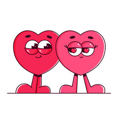 Fototapeta premium Cute characters hearts in retro groovy style. Couple in love. Lovely and psychedelic mascots with face. Happy Valentines day. Flat vector isolated on white background