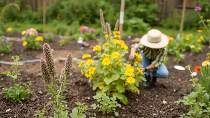 Gardener tending to vibrant yellow flowers in a flourishing garden
