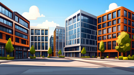 Modern city plaza, sunny day, office buildings, urban landscape, ideal for real estate brochures