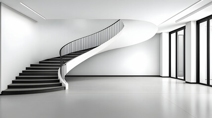 Obraz premium Modern curved staircase in minimalist interior, bright windows, architectural design, home decor