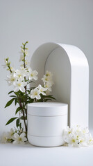 Professional product display stand adorned with white jasmine flowers for high end commercial photos Realistic 3D Podium for Mockup