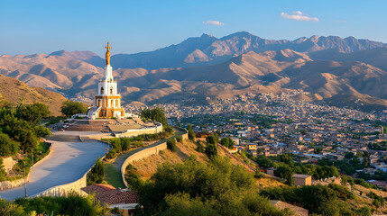 Monument overlooking city at sunset, mountain backdrop. Ideal for travel brochures