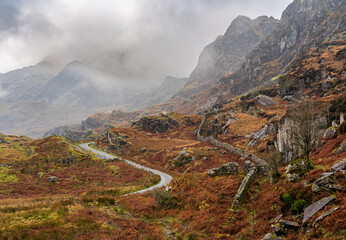 Small rural road winding up Moelwyn mountains