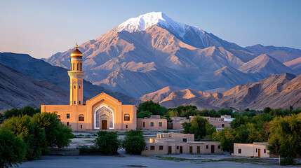 Mosque sunrise mountain village Central Asia travel photography