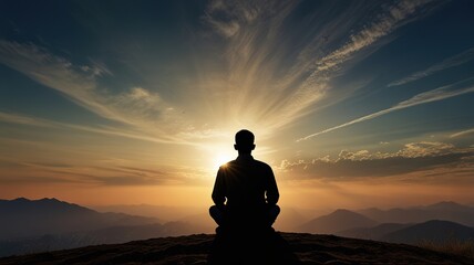 Silhouette of a muslim people pray to the Allah on hill