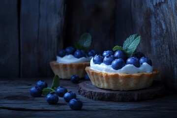Blueberry tarts with cream, blueberries and mint leaves on dark wooden background 