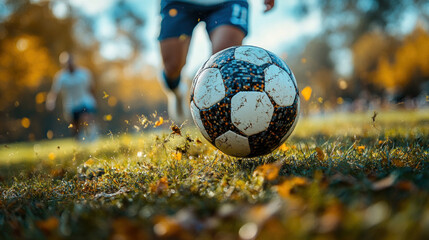 A soccer player dribbling past defenders with precise footwork and focus