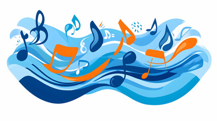 Musical notes floating on blue waves; abstract design for music websites or album art