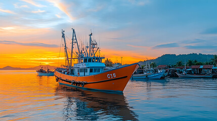 Fototapeta premium Orange fishing trawler at sunset, harbor, tropical coast, boats moored, calm waters, for travel or industry