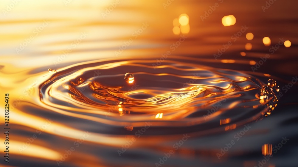 Aufkleber golden liquid drop impact with ripple effect and abstract bokeh lights in the background