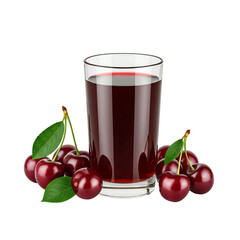 A Glass of Rich Cherry Juice with Fresh Cherries and Stems, Without Background