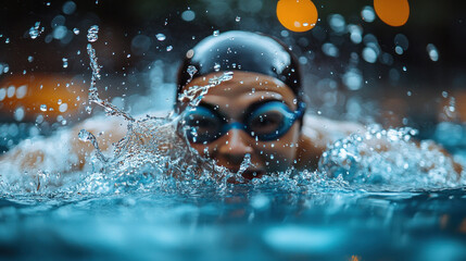 A swimmer diving off the starting block, creating a splash as they break into the water