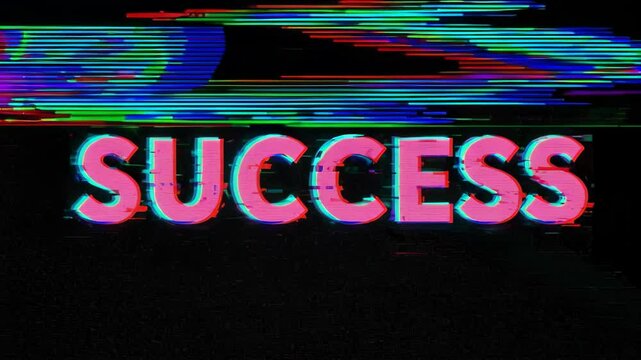 uccess text materializes in void. Static camera with progressive RGB separation. Scan lines cascade downward. Text pulses, splits, recomposes with triumphant energy.