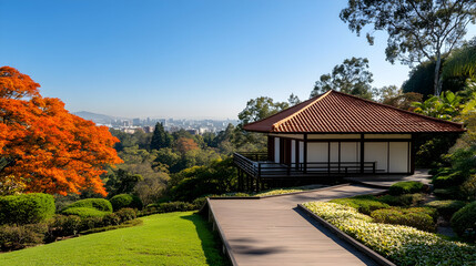 Fototapeta premium Panoramic view of a Japanese tea house overlooking a city, autumn leaves in foreground. Peaceful zen garden setting, ideal for travel brochures or meditation websites