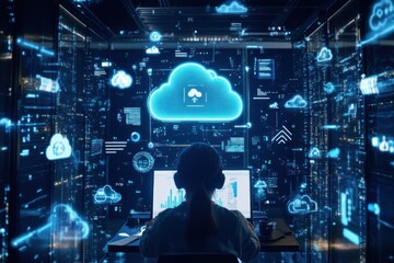Woman working in a server room with cloud computing data visualization.