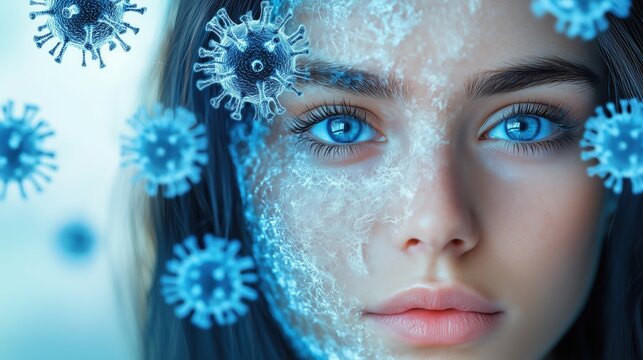 Young woman with blue eyes and digital virus particles overlay in a conceptual design