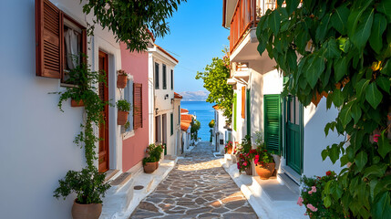 Fototapeta premium Picturesque coastal village street, sunlit stone path, seaside view, houses with flowers. Ideal for travel brochures