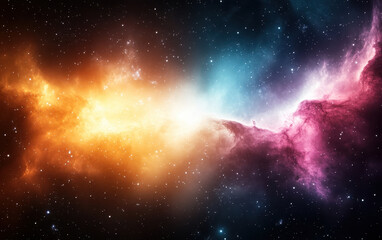 Fototapeta premium stunning cosmic scene featuring vibrant orange, pink, and blue nebulae against backdrop of stars, evoking sense of wonder and exploration in universe