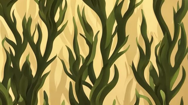 Abstract underwater scene featuring green bladderwrack seaweed against a sandy ocean floor background