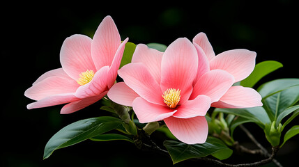 Fototapeta premium Pink magnolia blossoms close-up, dark background, nature photography, perfect for greeting cards