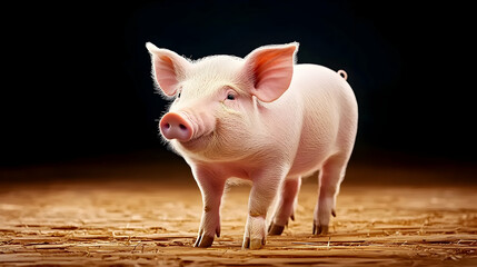 Pink piglet standing on straw, dark background, farm animal portrait, for agriculture publications