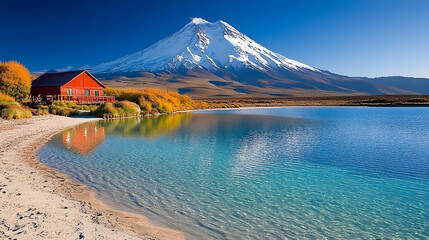 Naklejka premium Red cabin by serene lake, snow-capped volcano backdrop, Patagonia landscape, travel postcard