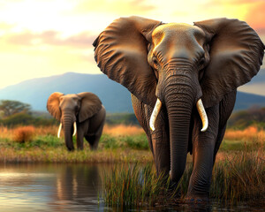 Fototapeta premium This stunning image captures two elephants near a tranquil waterhole during sunset, showcasing their grandeur and the beautiful natural landscape surrounding them.