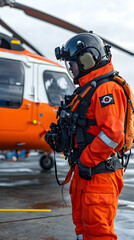 Obraz premium Rescue worker preparing for a helicopter mission near a ship, overcast sky