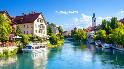 Naklejka premium River cruise through charming European town, sunny day, church steeple, tourist destination postcard