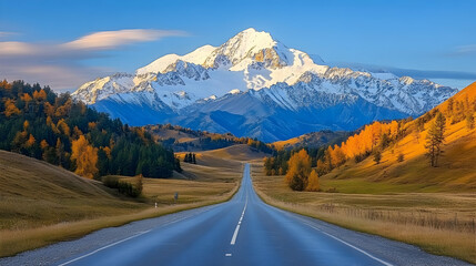 Scenic autumn road leads to majestic snow-capped mountain; golden fields, travel poster