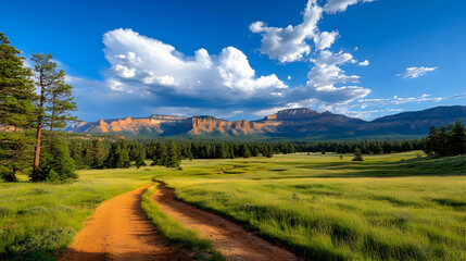Fototapeta premium Scenic dirt road through grassy meadow, majestic red rock cliffs backdrop, sunny day, nature travel photography