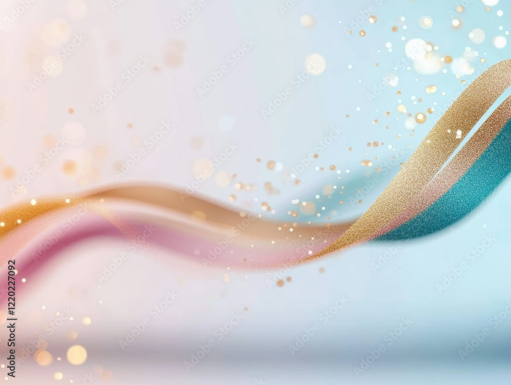 Poster vibrant abstract design featuring flowing ribbons in turquoise and magenta, with sparkling bokeh eff
