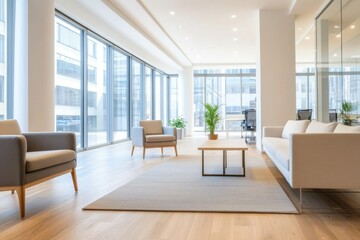 Obraz premium A modern office lounge with large windows, minimalist furniture, and indoor plants, creating a bright and inviting atmosphere.