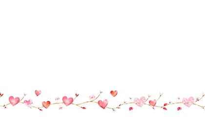 Watercolor border with delicate pink flowers, red heart shapes, twisting branches, and a Valentine's Day theme in soft pastels, hand-painted style, and minimalist design