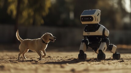 A cream-colored puppy facing a robotic creature with a black and white design on a sandy terrain