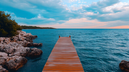 Obraz premium Serene sunset over calm sea; wooden pier extends to horizon; rocky shore; peaceful background; ideal for travel brochures