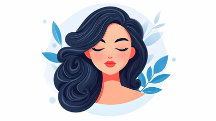 Serene woman, dark hair, blue leaves, peaceful background, beauty illustration