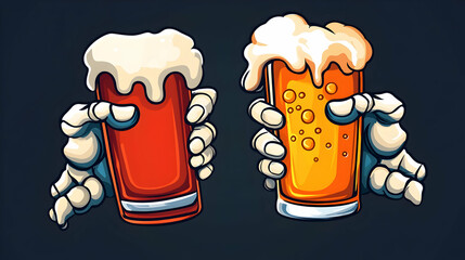Skeleton hands clinking beer glasses; dark background; pub, party, celebration