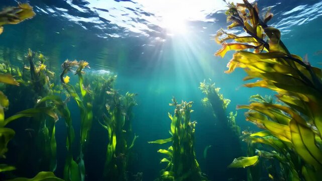 Underwater scene showcasing vibrant bladderwrack forest illuminated by sun rays, creating a serene atmosphere