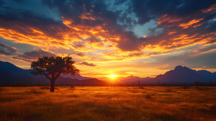 Obraz premium Solitary tree silhouetted against vibrant sunset over desert landscape, mountains in background; ideal for travel or nature publications