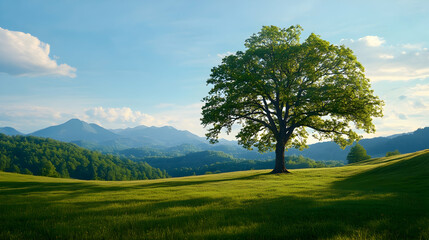 Fototapeta premium Solitary oak tree on grassy hill, mountain backdrop, peaceful sunset. Ideal for nature, environment themes
