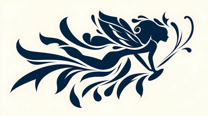 Stylized fairy silhouette flying amidst floral design; ideal for fantasy, tattoo, or decorative art
