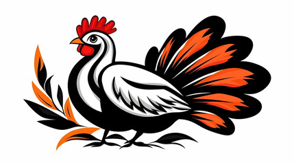 Stylized rooster illustration, farm animal design, white background, ornamental foliage. Perfect for food packaging, farm branding