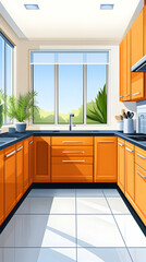 Sunny modern kitchen interior design, L-shaped orange cabinets, tiled floor, view from window