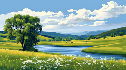 Sunny summer day, river landscape, people enjoying nature, idyllic countryside scene, perfect for travel brochures