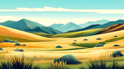 Sunny valley landscape, mountains background, summer day, nature scene, ideal for travel brochures