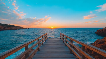 Fototapeta premium Sunrise over calm ocean, wooden pier leading to horizon, coastal rocks, peaceful morning scene; ideal for travel brochures