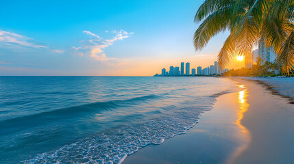 Sunset beach, cityscape skyline, ocean waves, palm tree, tropical vacation